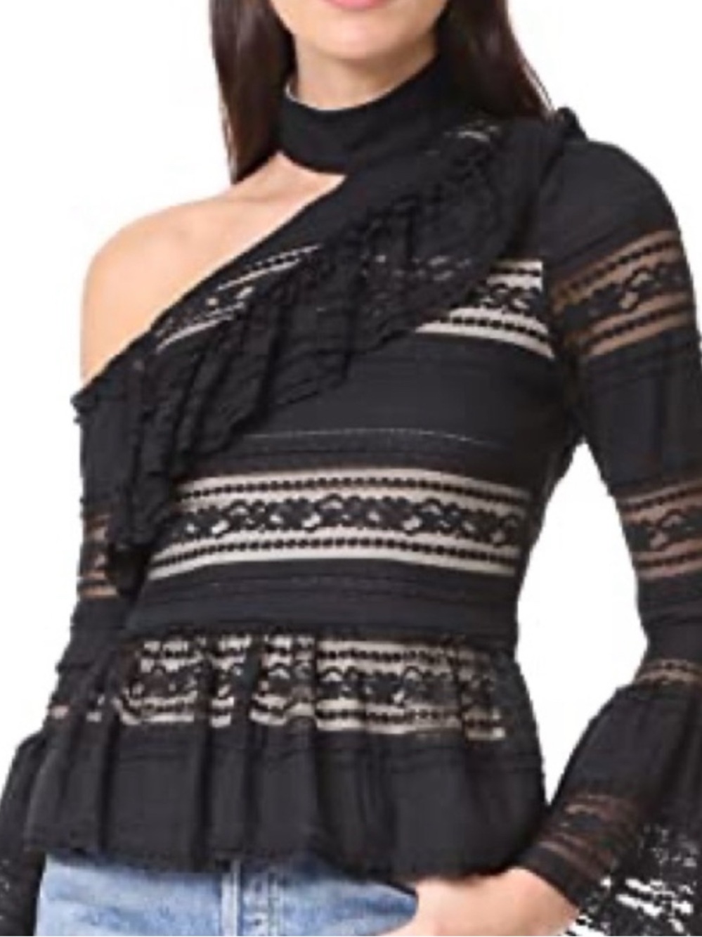 Parker Black One-Shoulder Lace Peplum Top Size M